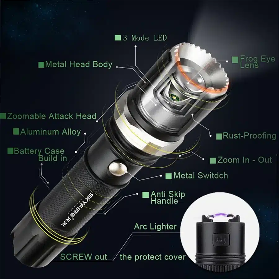SKYFIRE Arc Lighter LED Flashlight Self Defense Attack Head Zoomable Torch lights lanterna Rechargeable 18650 Battery and Mount 13