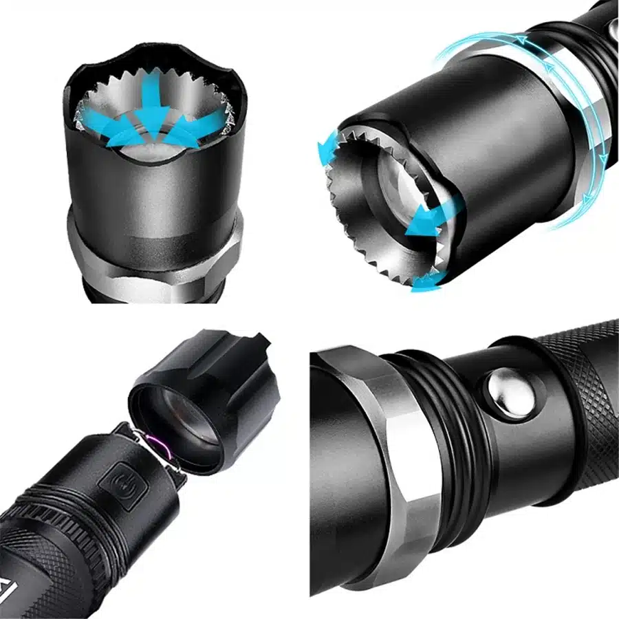 SKYFIRE Arc Lighter LED Flashlight Self Defense Attack Head Zoomable Torch lights lanterna Rechargeable 18650 Battery and Mount 14