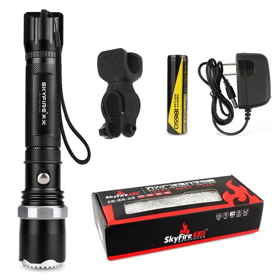 SKYFIRE Arc Lighter LED Flashlight Self Defense Attack Head Zoomable Torch lights lanterna Rechargeable 18650 Battery and Mount 15