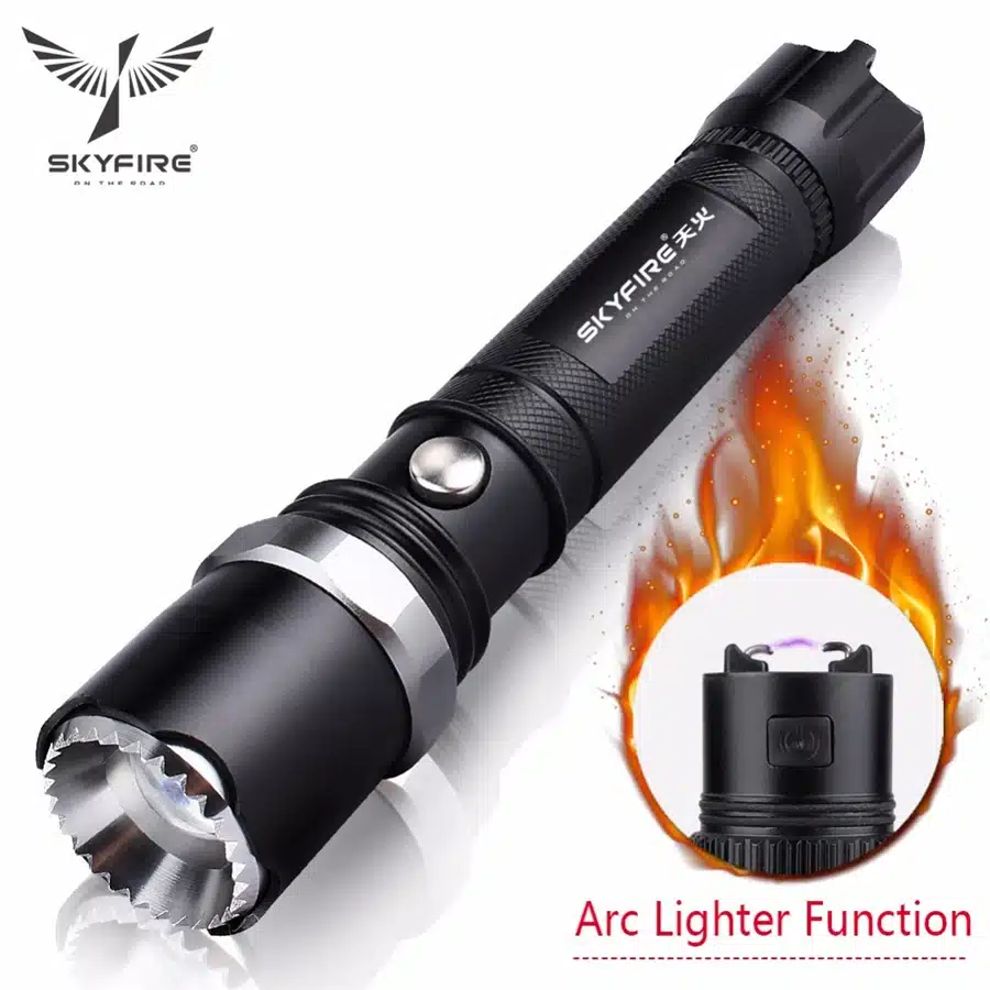 SKYFIRE Arc Lighter LED Flashlight Self Defense Attack Head Zoomable Torch lights lanterna Rechargeable 18650 Battery and Mount 17