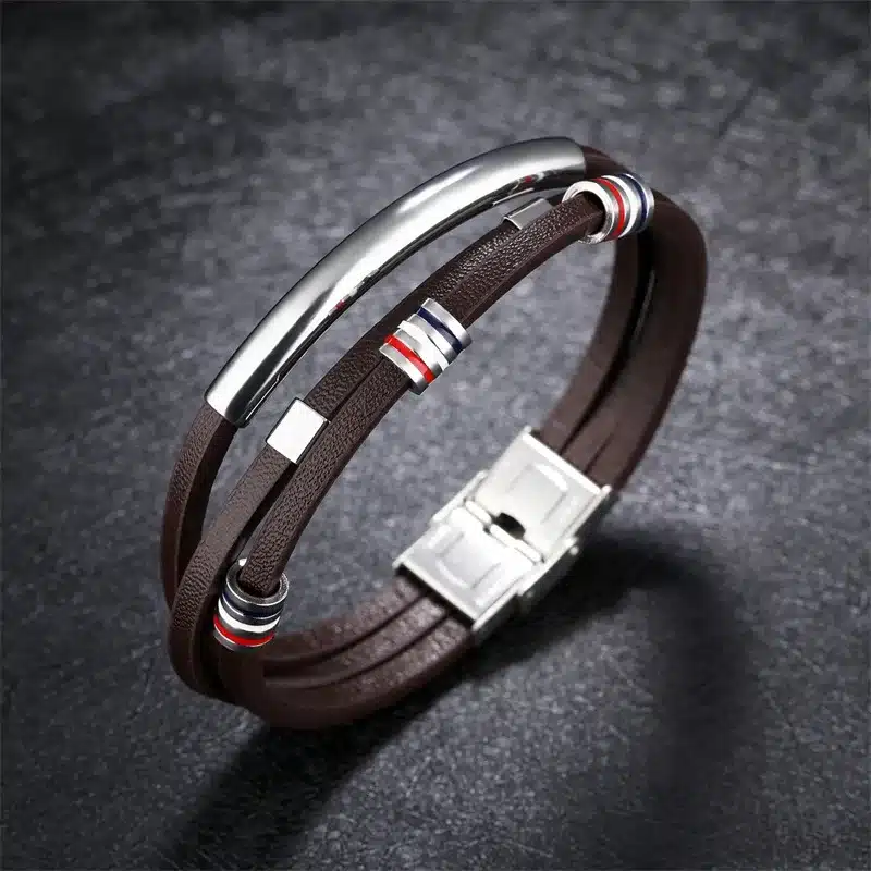 AZIZ BEKKAOUI Engrave Name Brown Leather Bracelet for Men Stainless Steel Bracelets Cowhide Bracelet Vintage Male Accessories 14