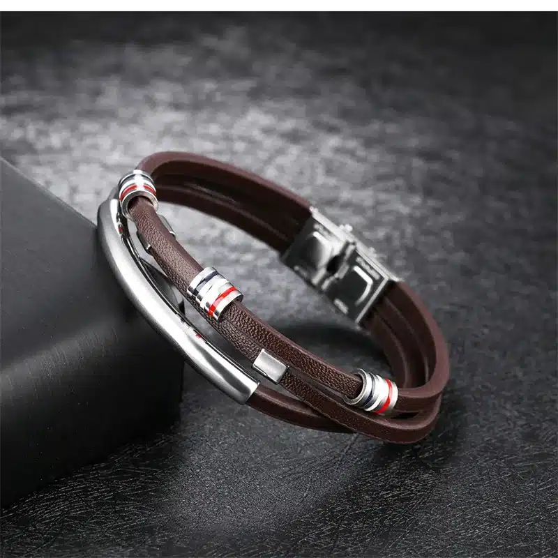 AZIZ BEKKAOUI Engrave Name Brown Leather Bracelet for Men Stainless Steel Bracelets Cowhide Bracelet Vintage Male Accessories 15