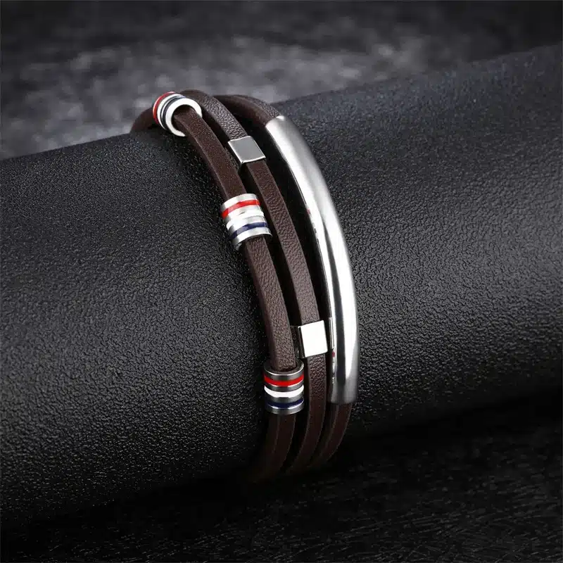 AZIZ BEKKAOUI Engrave Name Brown Leather Bracelet for Men Stainless Steel Bracelets Cowhide Bracelet Vintage Male Accessories 16