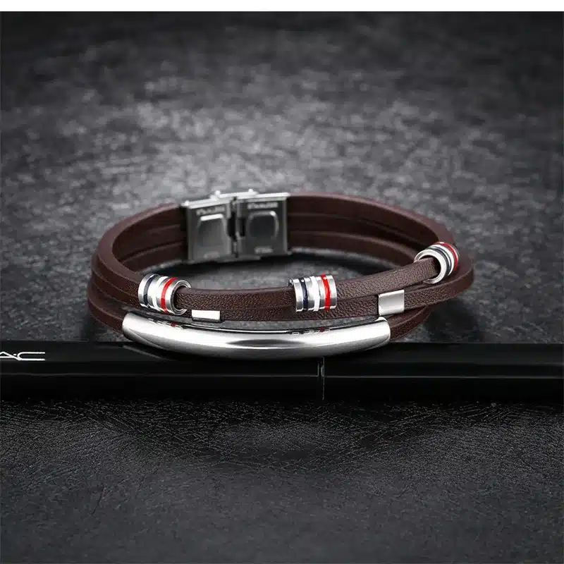 AZIZ BEKKAOUI Engrave Name Brown Leather Bracelet for Men Stainless Steel Bracelets Cowhide Bracelet Vintage Male Accessories 17