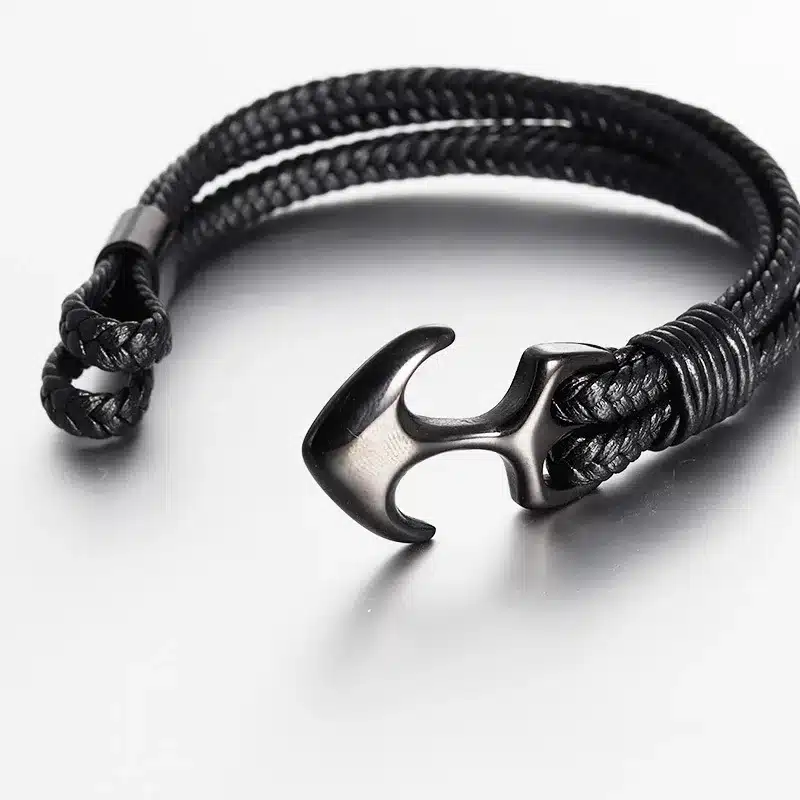 High Quality Men's Titanium Steel Bracelet Black Personality Leather Woven Anchor Leather Bracelet Rope Bracelet For Men Gift 12