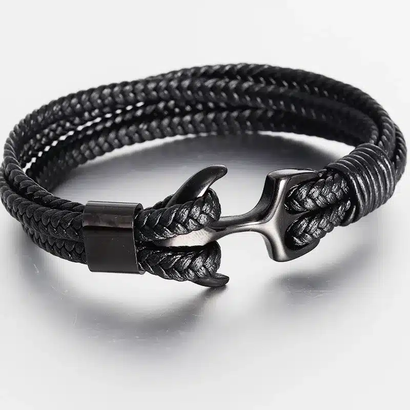 High Quality Men's Titanium Steel Bracelet Black Personality Leather Woven Anchor Leather Bracelet Rope Bracelet For Men Gift 14