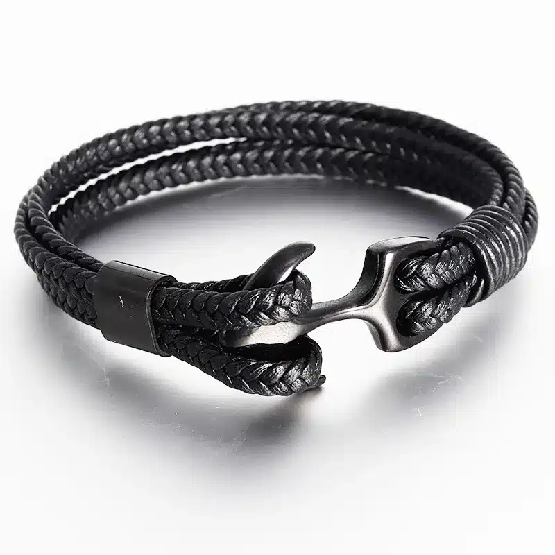 High Quality Men's Titanium Steel Bracelet Black Personality Leather Woven Anchor Leather Bracelet Rope Bracelet For Men Gift 16
