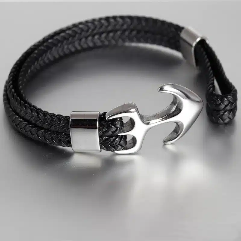 High Quality Men's Titanium Steel Bracelet Black Personality Leather Woven Anchor Leather Bracelet Rope Bracelet For Men Gift 19