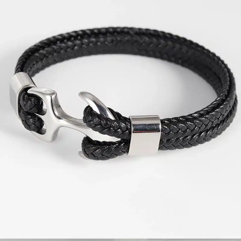 High Quality Men's Titanium Steel Bracelet Black Personality Leather Woven Anchor Leather Bracelet Rope Bracelet For Men Gift 20