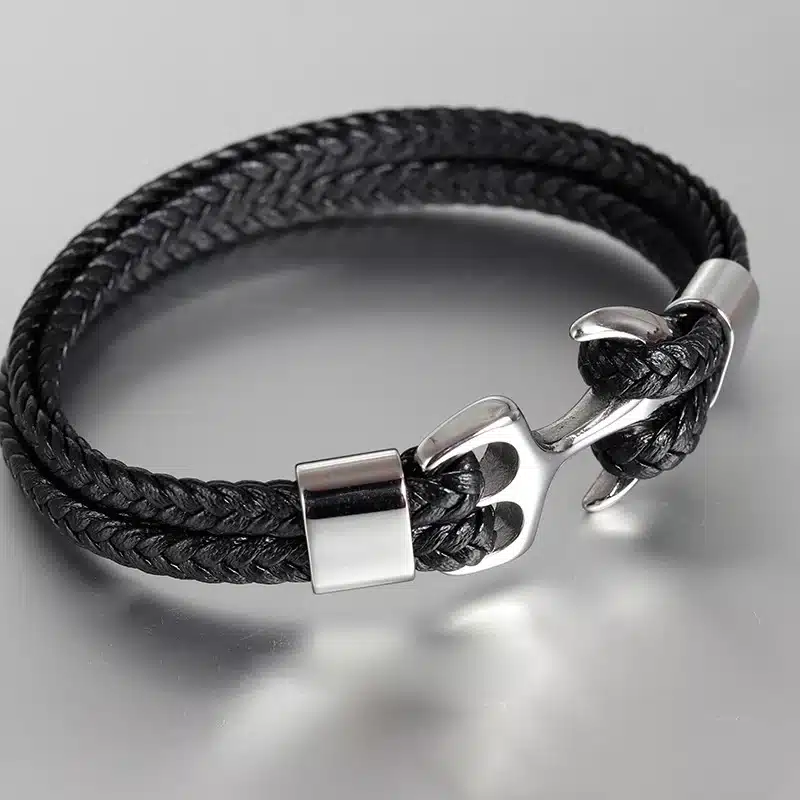 High Quality Men's Titanium Steel Bracelet Black Personality Leather Woven Anchor Leather Bracelet Rope Bracelet For Men Gift 21