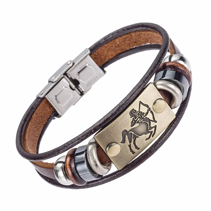 Alibaba Hot Selling Europe Fashion 12 zodiac signs Bracelet With Stainless Steel Clasp Leather Bracelet for Men 10