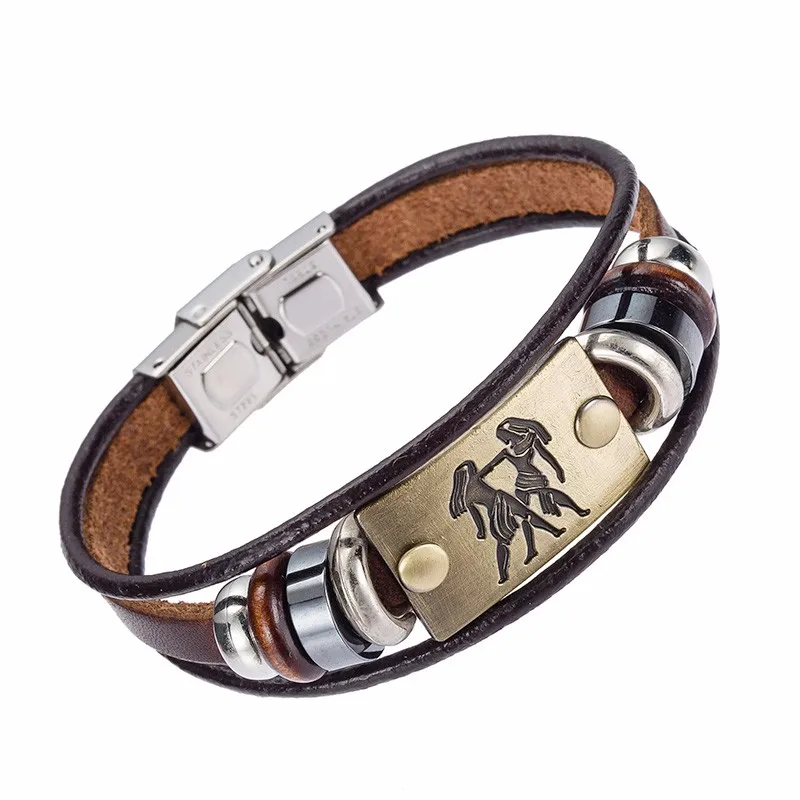 Alibaba Hot Selling Europe Fashion 12 zodiac signs Bracelet With Stainless Steel Clasp Leather Bracelet for Men 13