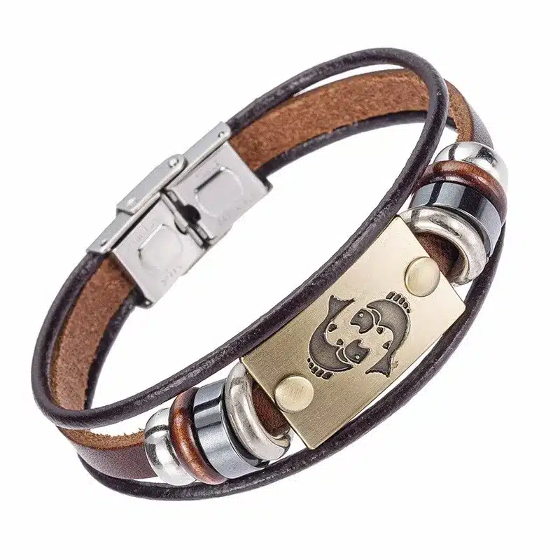 Alibaba Hot Selling Europe Fashion 12 zodiac signs Bracelet With Stainless Steel Clasp Leather Bracelet for Men 15