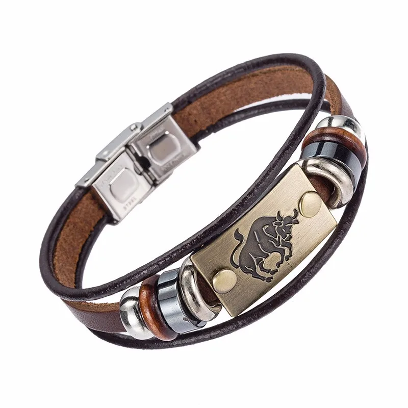 Alibaba Hot Selling Europe Fashion 12 zodiac signs Bracelet With Stainless Steel Clasp Leather Bracelet for Men 16