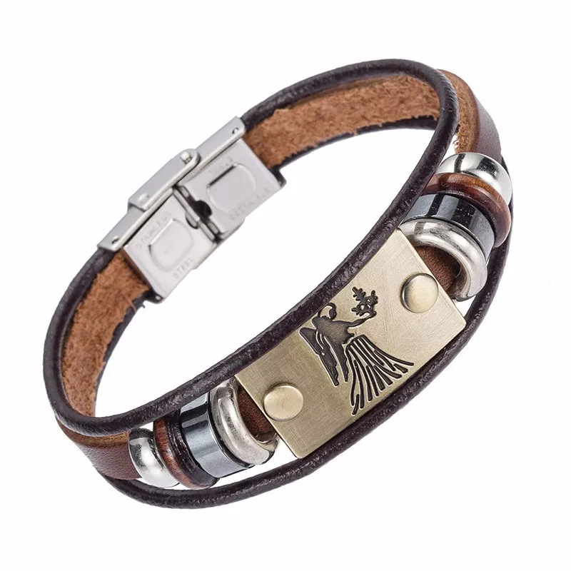 Alibaba Hot Selling Europe Fashion 12 zodiac signs Bracelet With Stainless Steel Clasp Leather Bracelet for Men 17