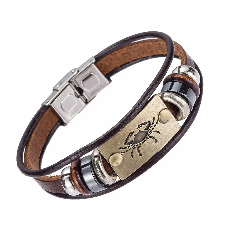 Alibaba Hot Selling Europe Fashion 12 zodiac signs Bracelet With Stainless Steel Clasp Leather Bracelet for Men 18