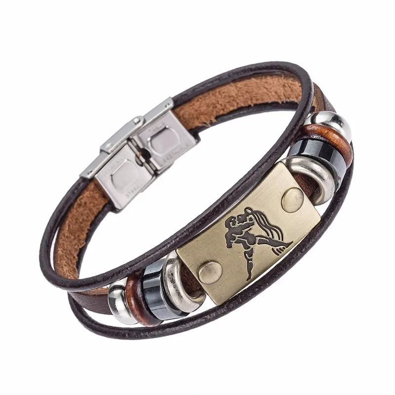 Alibaba Hot Selling Europe Fashion 12 zodiac signs Bracelet With Stainless Steel Clasp Leather Bracelet for Men 20