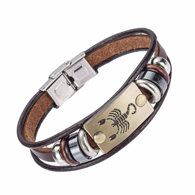 Alibaba Hot Selling Europe Fashion 12 zodiac signs Bracelet With Stainless Steel Clasp Leather Bracelet for Men 21