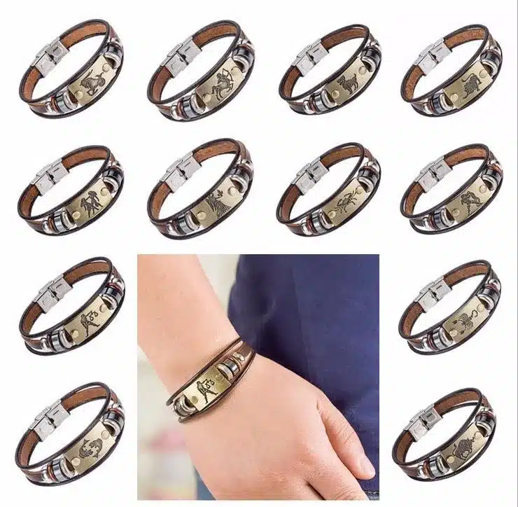 Alibaba Hot Selling Europe Fashion 12 zodiac signs Bracelet With Stainless Steel Clasp Leather Bracelet for Men 22