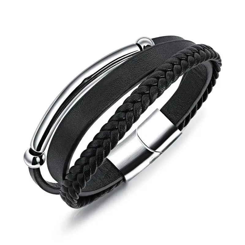 Jiayiqi New Men Christmas Gift Black Leather Bracelets Silver Stainless Steel Jewelry Braid Rope Chain Punk High Quality Bangles 12