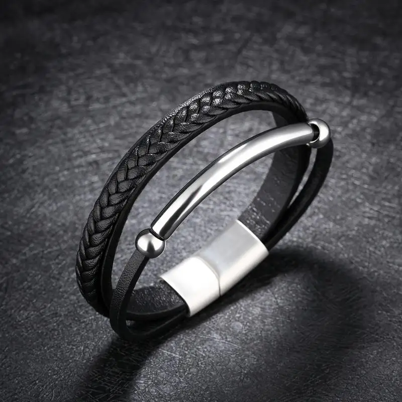Jiayiqi New Men Christmas Gift Black Leather Bracelets Silver Stainless Steel Jewelry Braid Rope Chain Punk High Quality Bangles 14