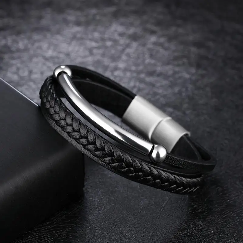 Jiayiqi New Men Christmas Gift Black Leather Bracelets Silver Stainless Steel Jewelry Braid Rope Chain Punk High Quality Bangles 15