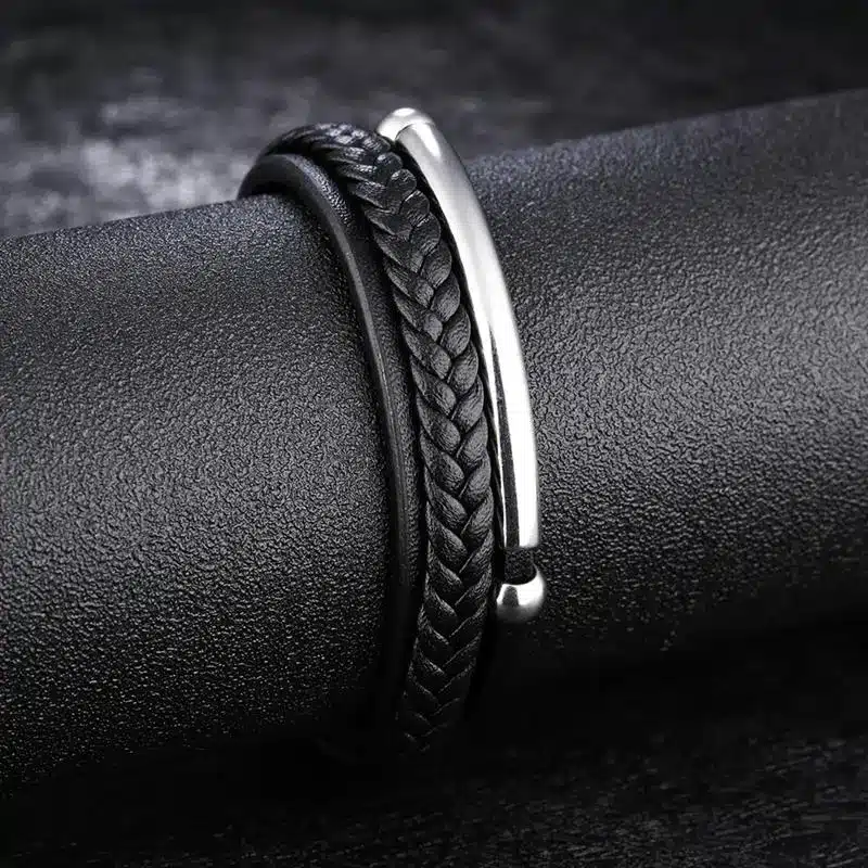 Jiayiqi New Men Christmas Gift Black Leather Bracelets Silver Stainless Steel Jewelry Braid Rope Chain Punk High Quality Bangles 16