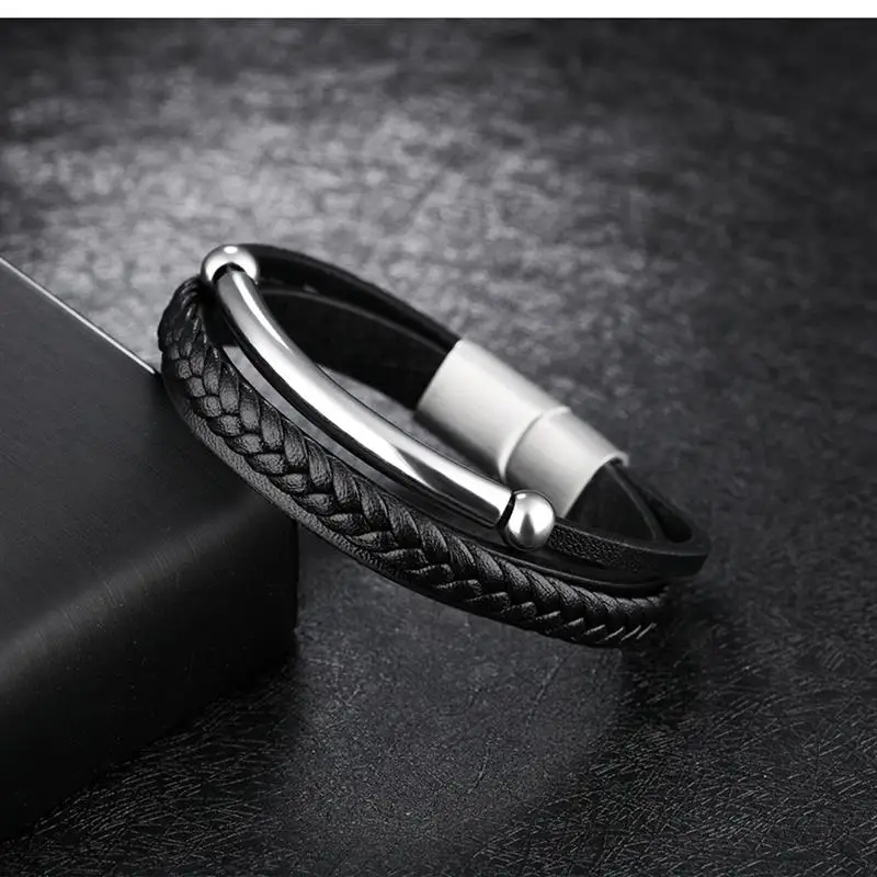 Jiayiqi New Men Christmas Gift Black Leather Bracelets Silver Stainless Steel Jewelry Braid Rope Chain Punk High Quality Bangles 17