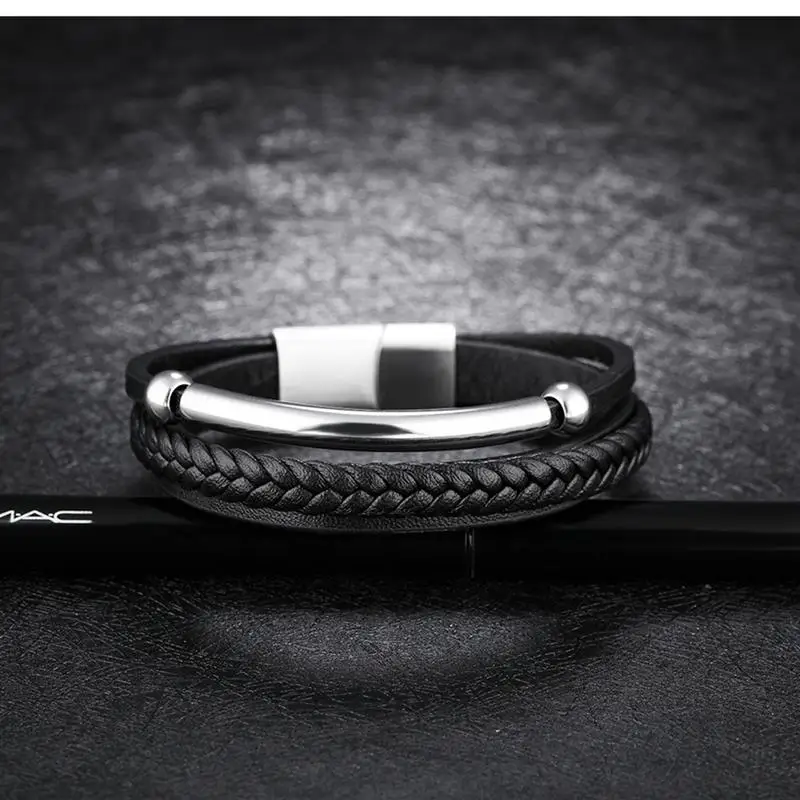 Jiayiqi New Men Christmas Gift Black Leather Bracelets Silver Stainless Steel Jewelry Braid Rope Chain Punk High Quality Bangles 18