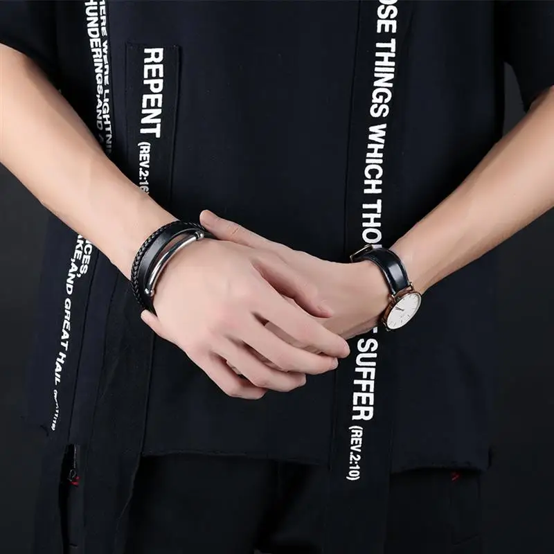 Jiayiqi New Men Christmas Gift Black Leather Bracelets Silver Stainless Steel Jewelry Braid Rope Chain Punk High Quality Bangles 20