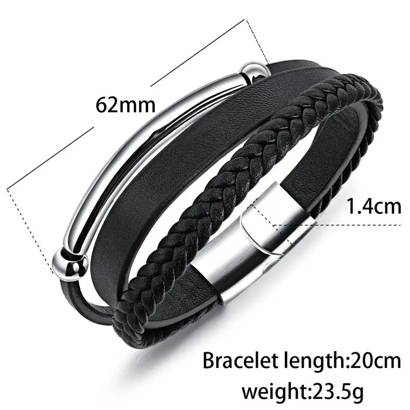 Jiayiqi New Men Christmas Gift Black Leather Bracelets Silver Stainless Steel Jewelry Braid Rope Chain Punk High Quality Bangles 22