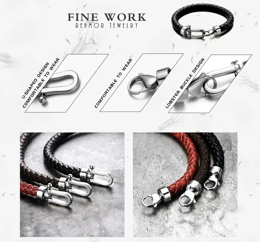 REAMOR Men Genuine Leather Braided Bracelet Bangles 316l Stainless Steel Lucky Horseshoe Lobster Clasp Bracelet Fashion Jewelry 2