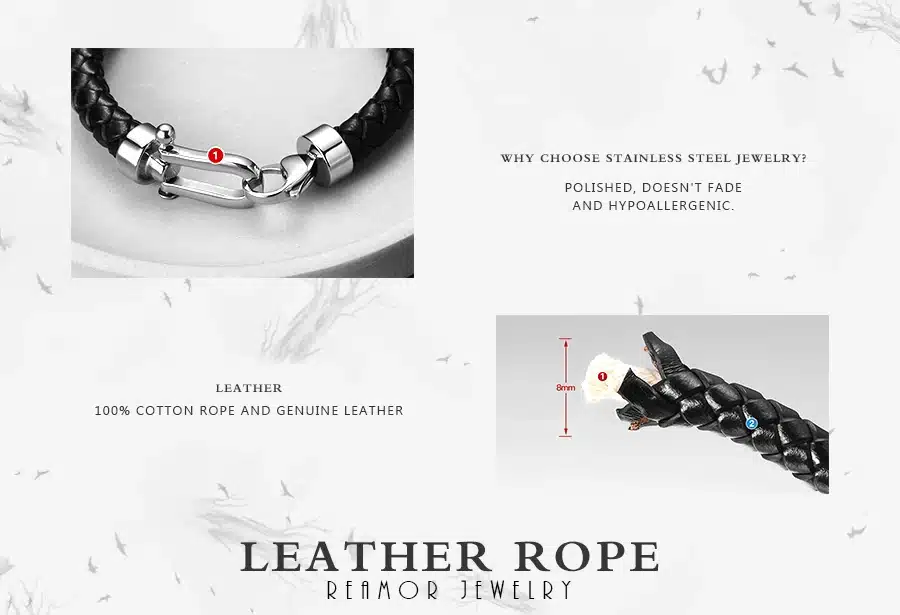 REAMOR Men Genuine Leather Braided Bracelet Bangles 316l Stainless Steel Lucky Horseshoe Lobster Clasp Bracelet Fashion Jewelry 3
