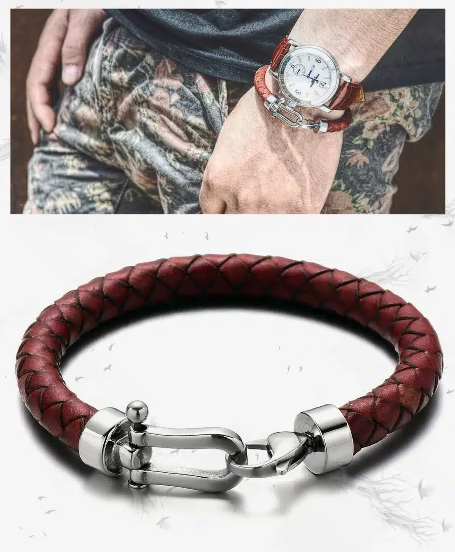 REAMOR Men Genuine Leather Braided Bracelet Bangles 316l Stainless Steel Lucky Horseshoe Lobster Clasp Bracelet Fashion Jewelry 6