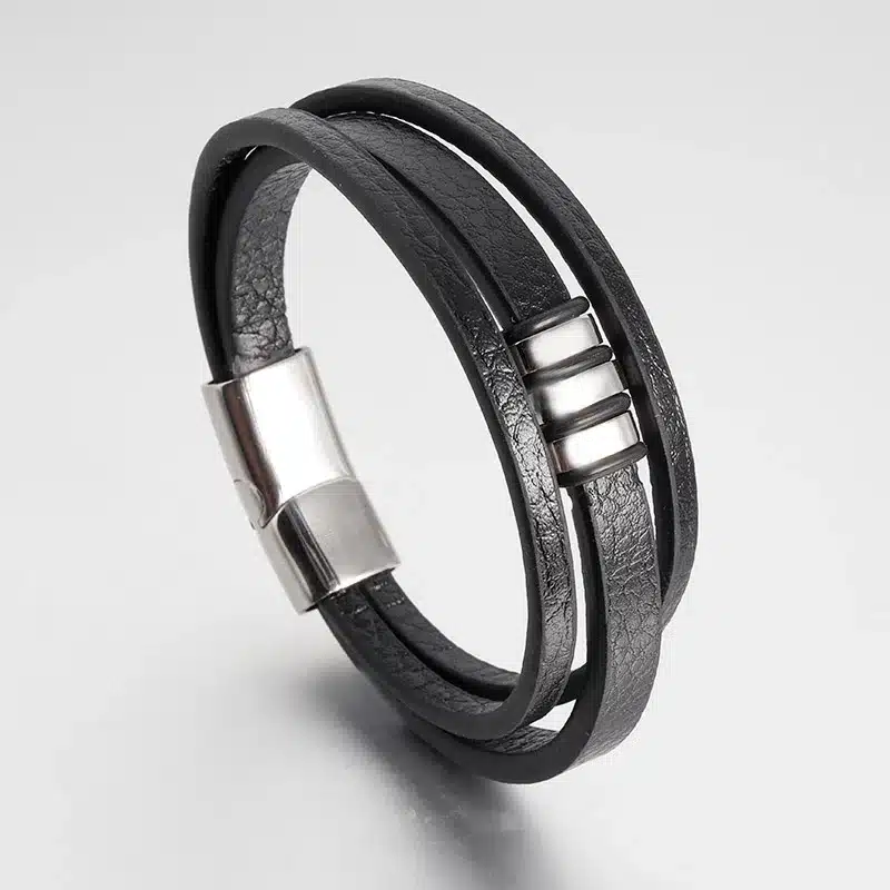 Punk Braid Leather Bracelet Stainless Steel Bangle for Men Jewelry Black Rope Chain Double Layer Steel Beads women 2