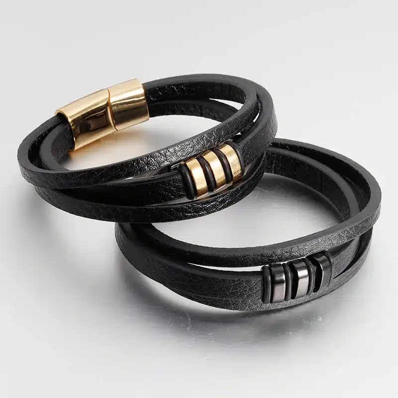 Punk Braid Leather Bracelet Stainless Steel Bangle for Men Jewelry Black Rope Chain Double Layer Steel Beads women 5