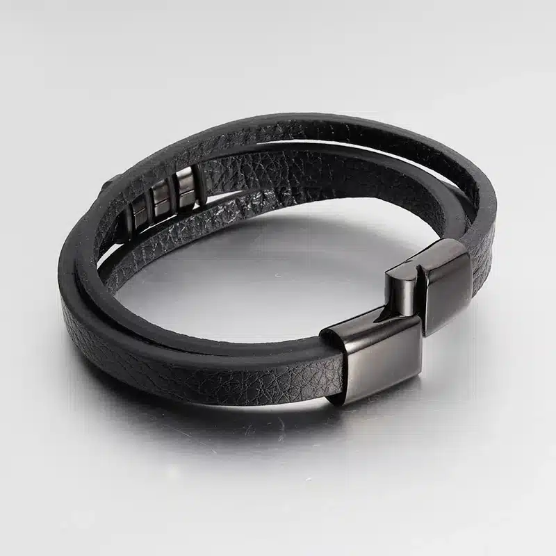 Punk Braid Leather Bracelet Stainless Steel Bangle for Men Jewelry Black Rope Chain Double Layer Steel Beads women 6