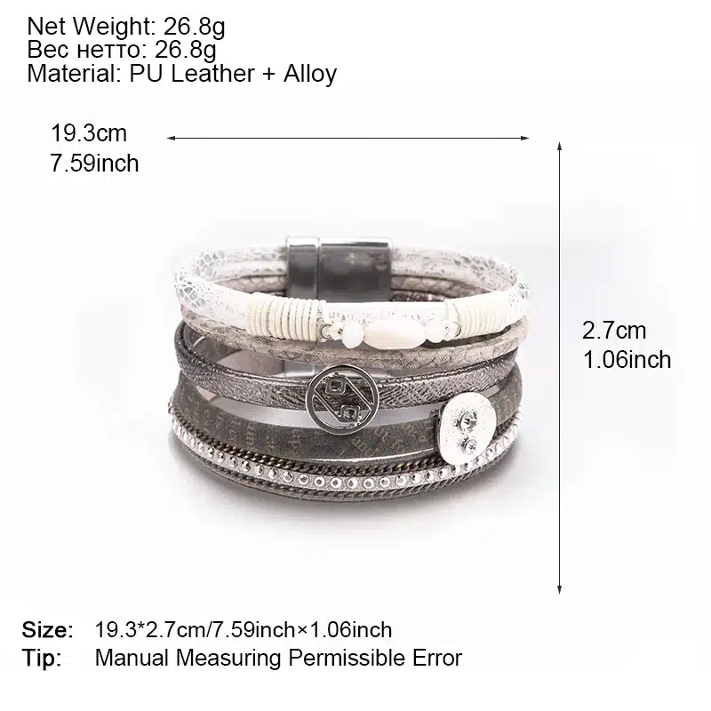 ALLYES Multilayer Bracelets For Women Femme Crystal Vintage Wide Alloy Charm Leather Bracelets & Bangles Female Jewelry 14