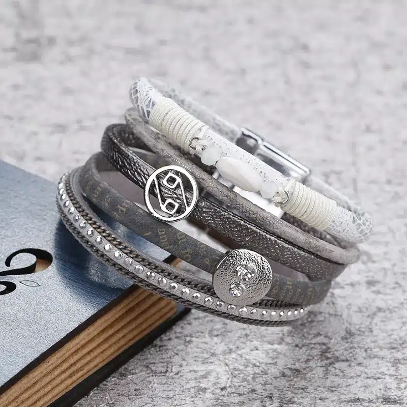 ALLYES Multilayer Bracelets For Women Femme Crystal Vintage Wide Alloy Charm Leather Bracelets & Bangles Female Jewelry 18