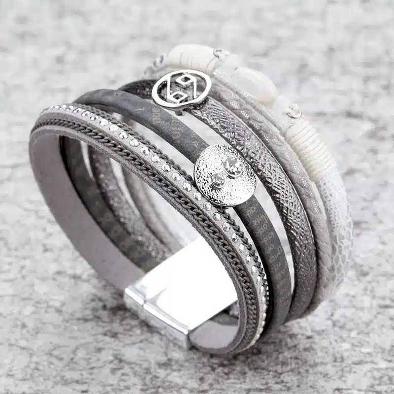 ALLYES Multilayer Bracelets For Women Femme Crystal Vintage Wide Alloy Charm Leather Bracelets & Bangles Female Jewelry 19