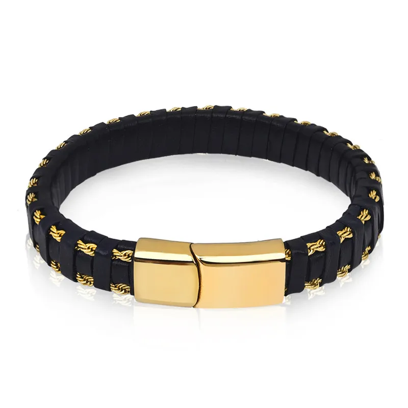 Jiayiqi Charm Leather Bracelet for Men Jewelry Stainless Steel Clasp Gold/Silver Steel Wire Chain Braid Rope Chain Wristband 12