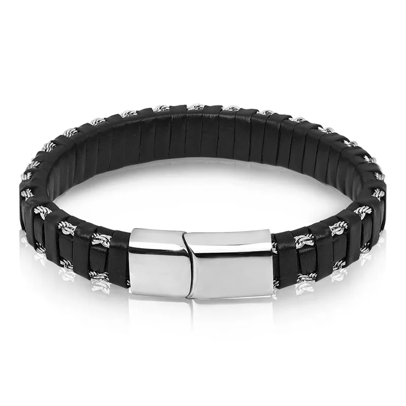 Jiayiqi Charm Leather Bracelet for Men Jewelry Stainless Steel Clasp Gold/Silver Steel Wire Chain Braid Rope Chain Wristband 13