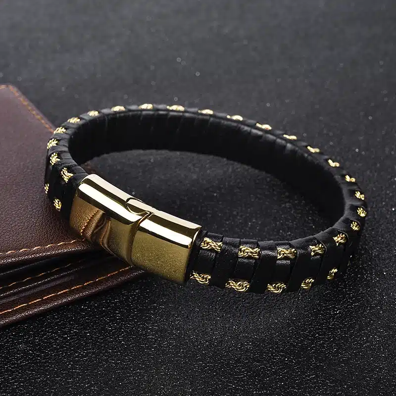 Jiayiqi Charm Leather Bracelet for Men Jewelry Stainless Steel Clasp Gold/Silver Steel Wire Chain Braid Rope Chain Wristband 15