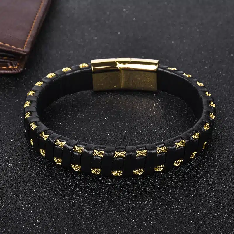 Jiayiqi Charm Leather Bracelet for Men Jewelry Stainless Steel Clasp Gold/Silver Steel Wire Chain Braid Rope Chain Wristband 16