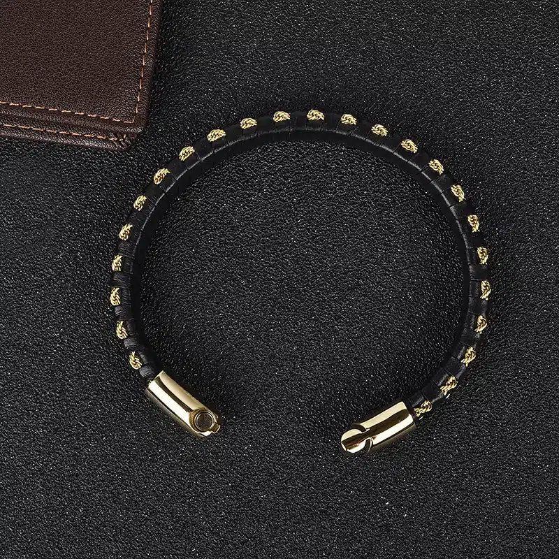 Jiayiqi Charm Leather Bracelet for Men Jewelry Stainless Steel Clasp Gold/Silver Steel Wire Chain Braid Rope Chain Wristband 18