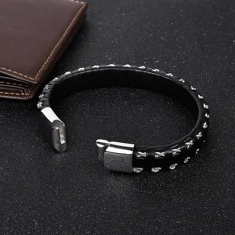 Jiayiqi Charm Leather Bracelet for Men Jewelry Stainless Steel Clasp Gold/Silver Steel Wire Chain Braid Rope Chain Wristband 21