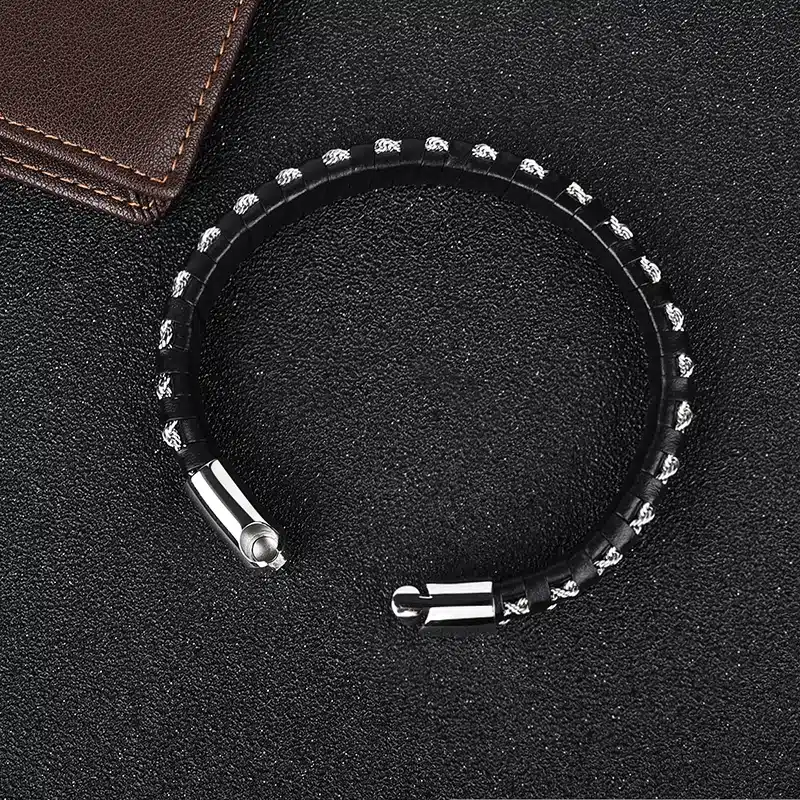 Jiayiqi Charm Leather Bracelet for Men Jewelry Stainless Steel Clasp Gold/Silver Steel Wire Chain Braid Rope Chain Wristband 22
