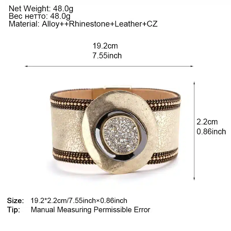 ALLYES Women Leather Cuff Bracelet Femme Bohemian Crystal Vintage Female Gold Color Metal Charm Wide Bracelets & Bangles Jewelry 15