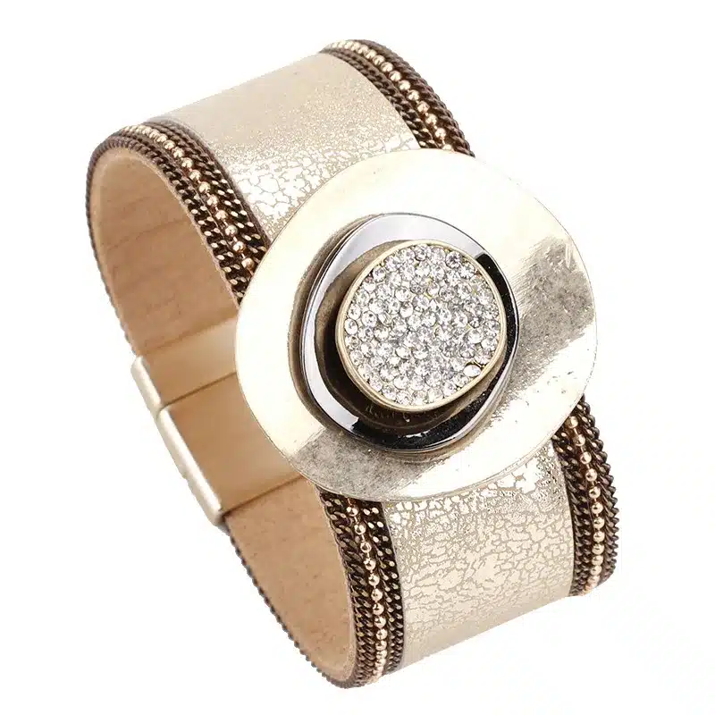 ALLYES Women Leather Cuff Bracelet Femme Bohemian Crystal Vintage Female Gold Color Metal Charm Wide Bracelets & Bangles Jewelry 18