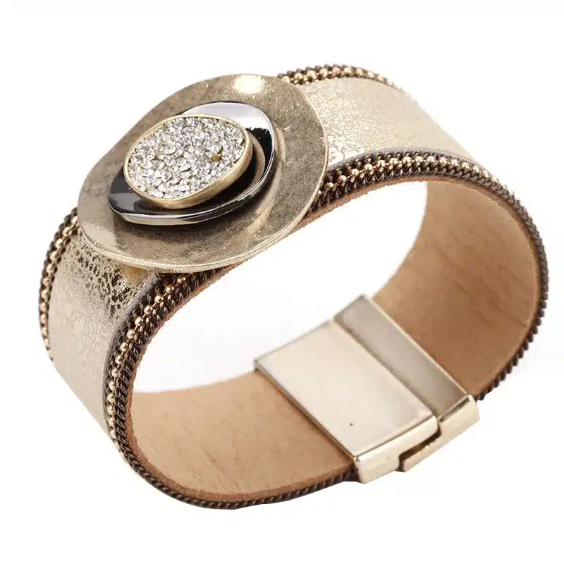 ALLYES Women Leather Cuff Bracelet Femme Bohemian Crystal Vintage Female Gold Color Metal Charm Wide Bracelets & Bangles Jewelry 19